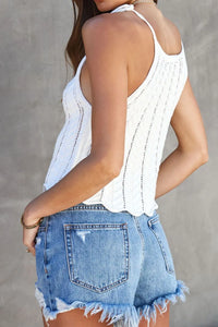 Tie Straps Wave Stripes Textured Eyelet Knitted Vest