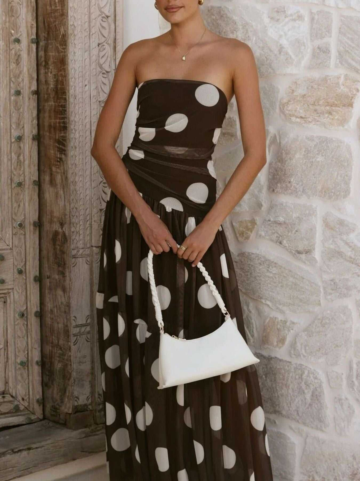 Polka Dot Strapless Ruched Maxi Dress 100100889786131 50 Affordable Fashion Under $100 Jerry's Apparel 