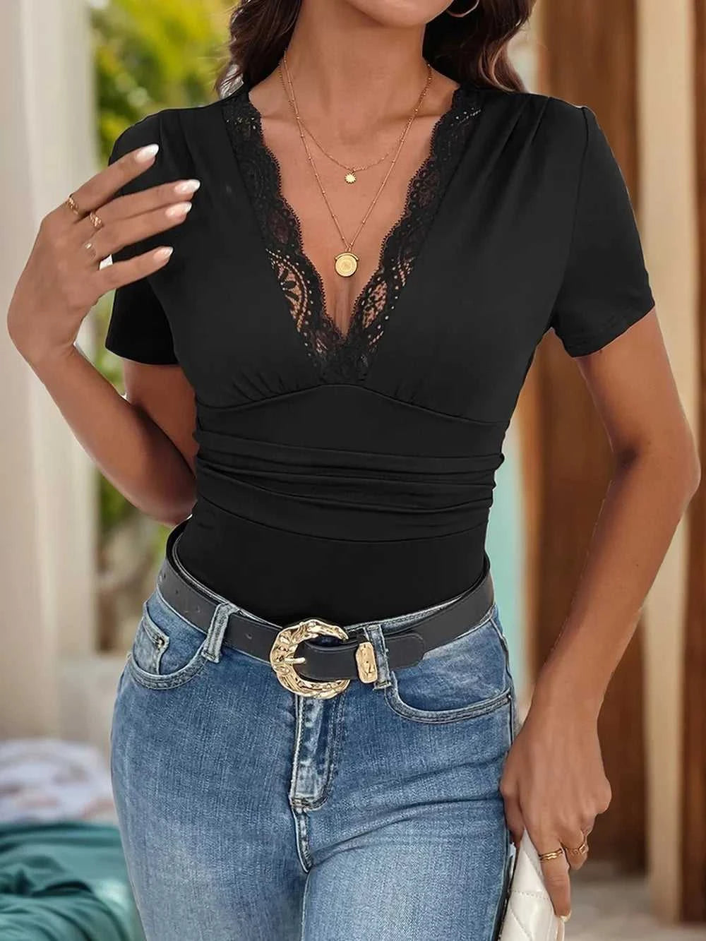 Perfee Lace Detail V-Neck Short Sleeve Bodysuit 100100814911730 24 Affordable Fashion Under $100 Jerry's Apparel 