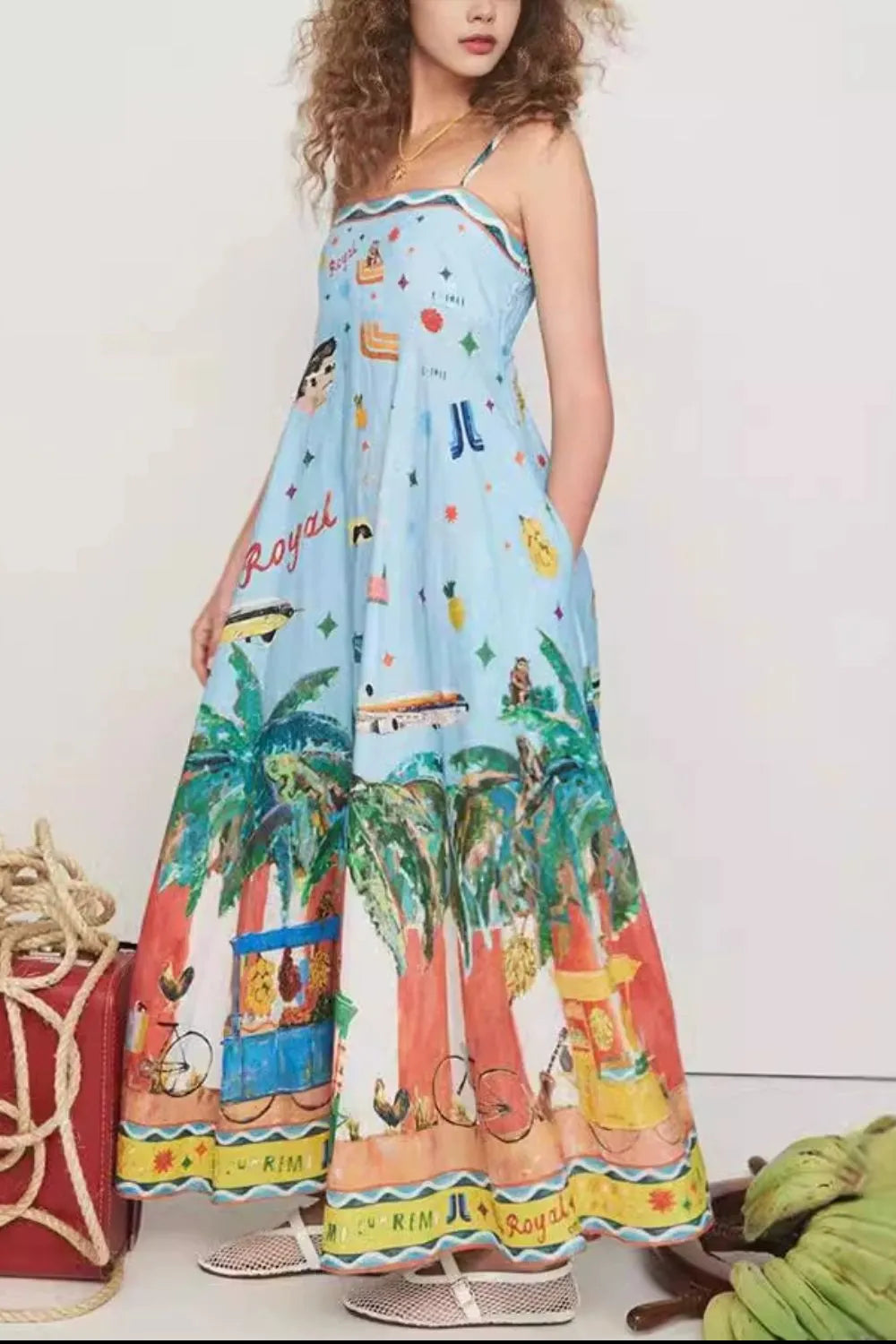 Printed Square Neck Maxi Cami Dress with Pockets