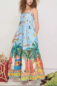 Printed Square Neck Maxi Cami Dress with Pockets