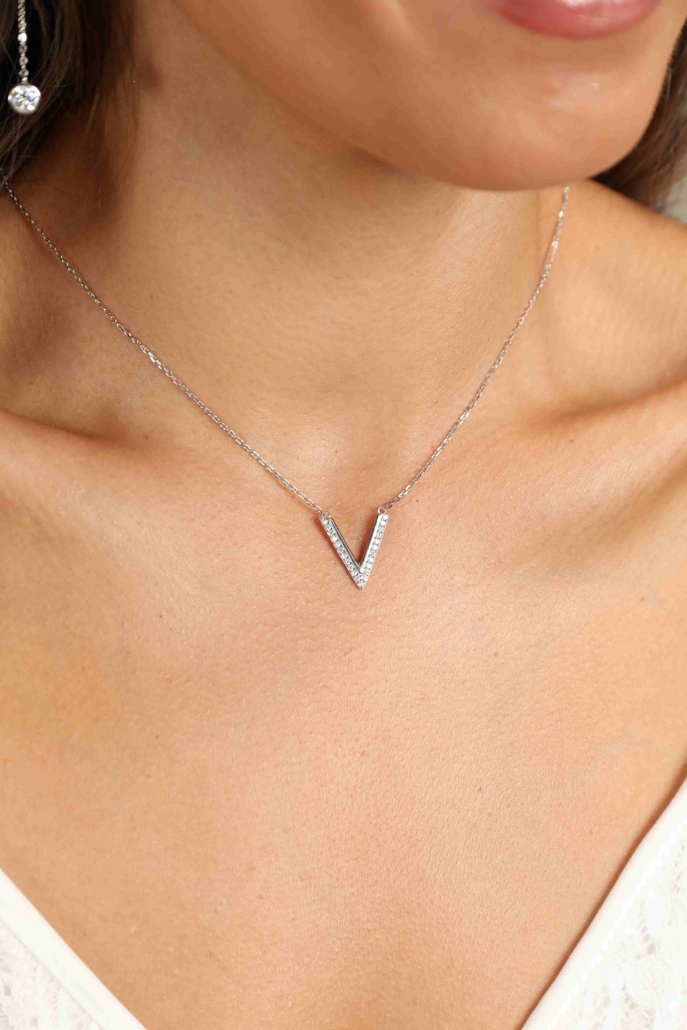 Sterling Silver V Letter Pendant Necklace