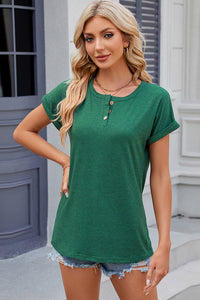 Buttoned Round Neck Short Sleeve T-Shirt