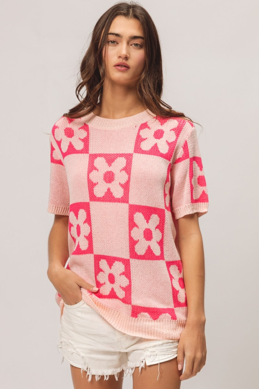 Flower Checker Pattern Short Sleeve Sweater