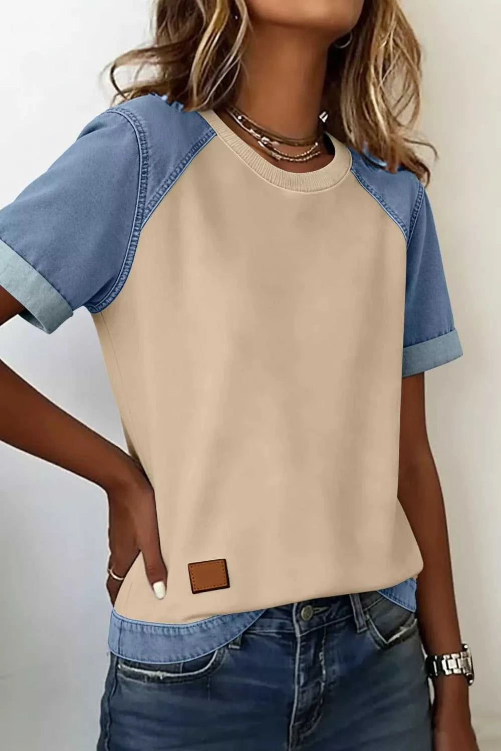 Denim Color Block Patchwork Round Neck Tee 100100063879515 59 Affordable Fashion Under $100 Jerry's Apparel 
