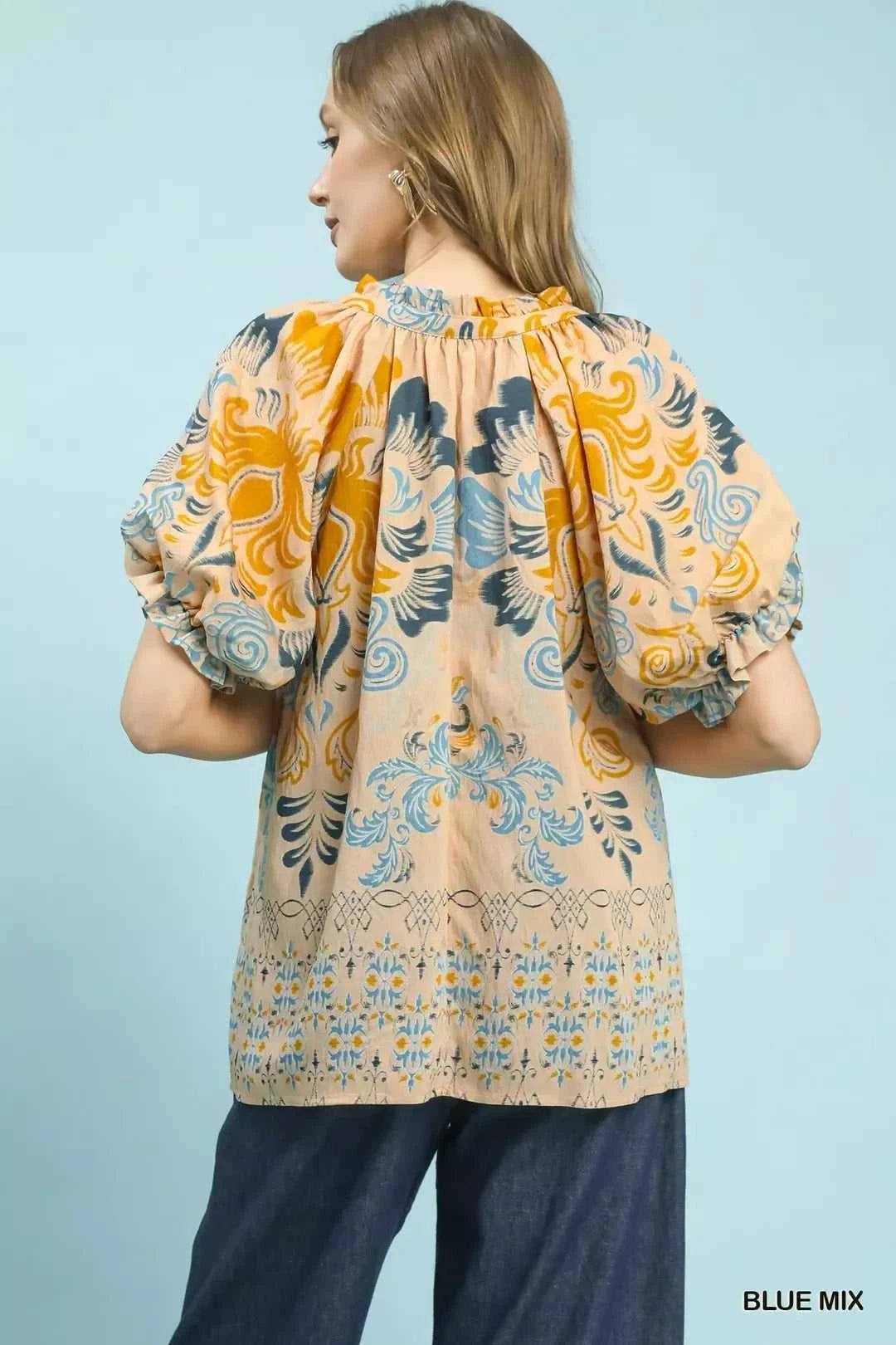 Umgee Border Print Puff Sleeve V-Neck Blouse 100100982111537 49 Affordable Fashion Under $100 Jerry's Apparel 