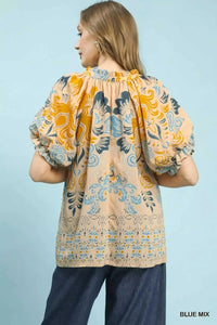 Umgee Border Print Puff Sleeve V-Neck Blouse 100100982111537 49 Affordable Fashion Under $100 Jerry's Apparel 