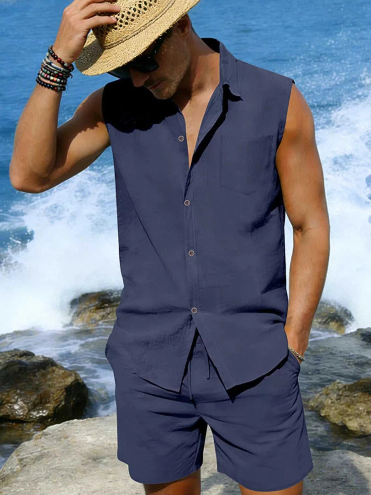 Men's Full Size Button Up Sleeveless Top and Shorts Plus Size 100400363418053 40 Men's Sets Jerry's Apparel 