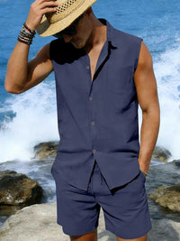 Men's Full Size Button Up Sleeveless Top and Shorts Plus Size 100400363418053 40 Men's Sets Jerry's Apparel 