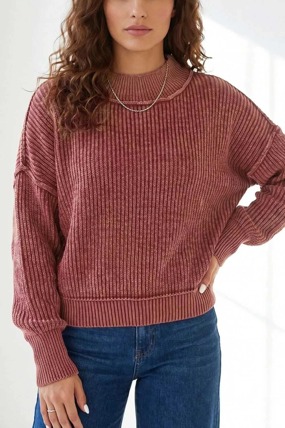 Drop Shoulder High Neck Ribbed Sweater 100100077017426 70 Affordable Fashion Under $100 Jerry's Apparel 
