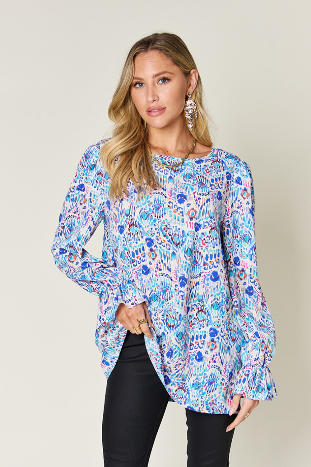 Full Size Printed Flounce Sleeve Blouse