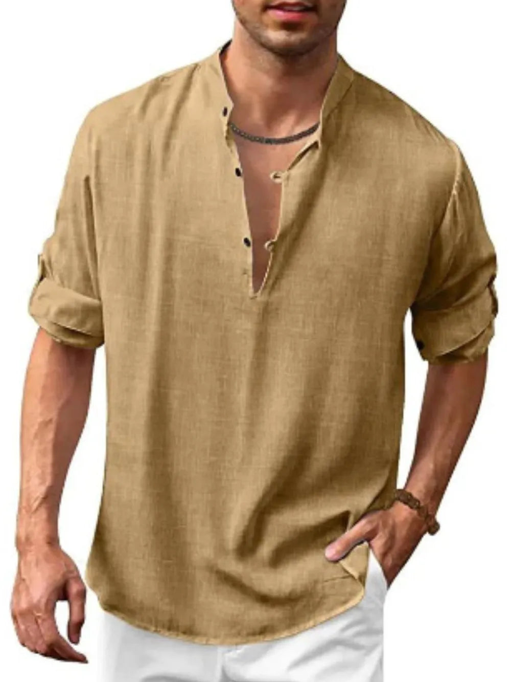 Men's Full Size Button Detail Roll-Tab Sleeve Top Plus Size