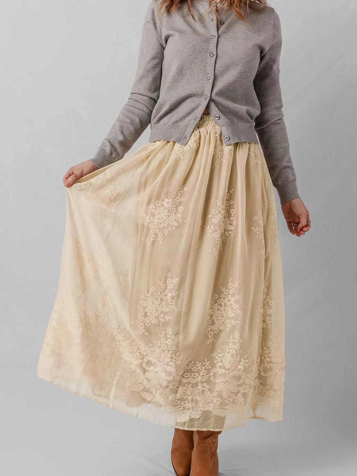 Embroidered Mesh Overlay Flowy Midi Skirt 100100602530081 64 Affordable Fashion Under $100 Jerry's Apparel 