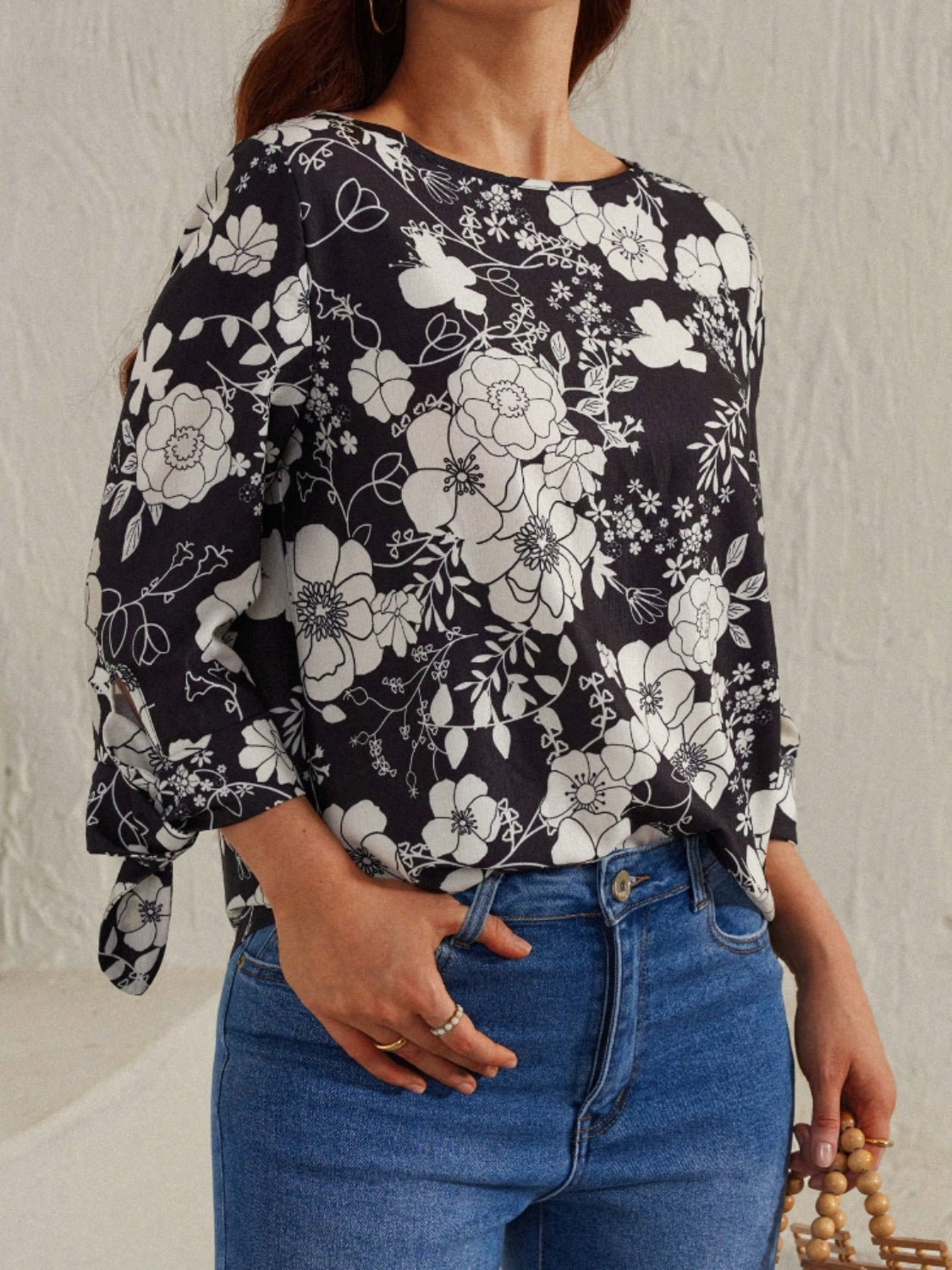 Printed Round Neck Three-Quarter Sleeve Blouse