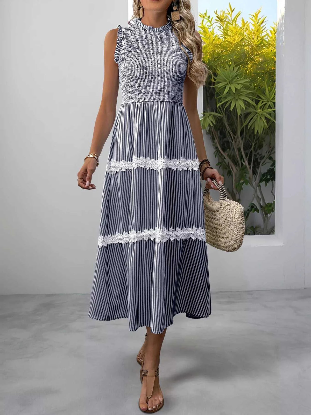 Smocked Striped Lace Trim Sleeveless Midi Dress 100100337606296 49 Affordable Fashion Under $100 Jerry's Apparel 