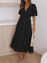 V-Neck Puff Sleeve Midi Dress