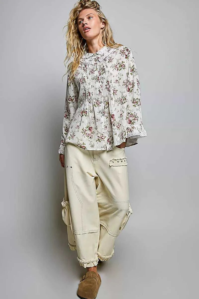 POL Floral Lace Trim Pintuck Button-Down Shirt 100100011681976 66 Affordable Fashion Under $100 Jerry's Apparel 