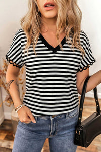 Striped V-Neck Scalloped Short Sleeve T-Shirt 100100813641731 25 Affordable Fashion Under $100 Jerry's Apparel 