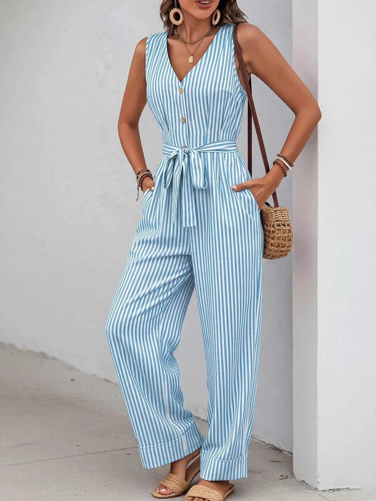 Striped Button-Front Tie Waist Wide Leg Jumpsuit 100100833661971 44 Affordable Fashion Under $100 Jerry's Apparel 
