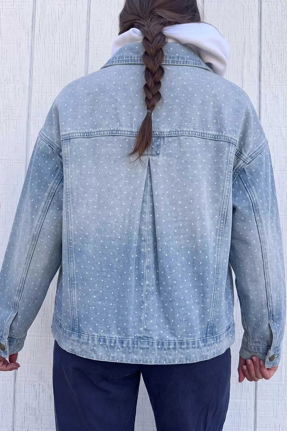 Polka Dot Long Sleeve Collar Pocket Casual Shift Silhouette Denim Jacket 101003100780054 103 Casual Everyday Outfits Women Jerry's Apparel 