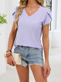 Eyelet Petal Sleeve V-Neck T-Shirt 100100180821182 24 Affordable Fashion Under $100 Jerry's Apparel 