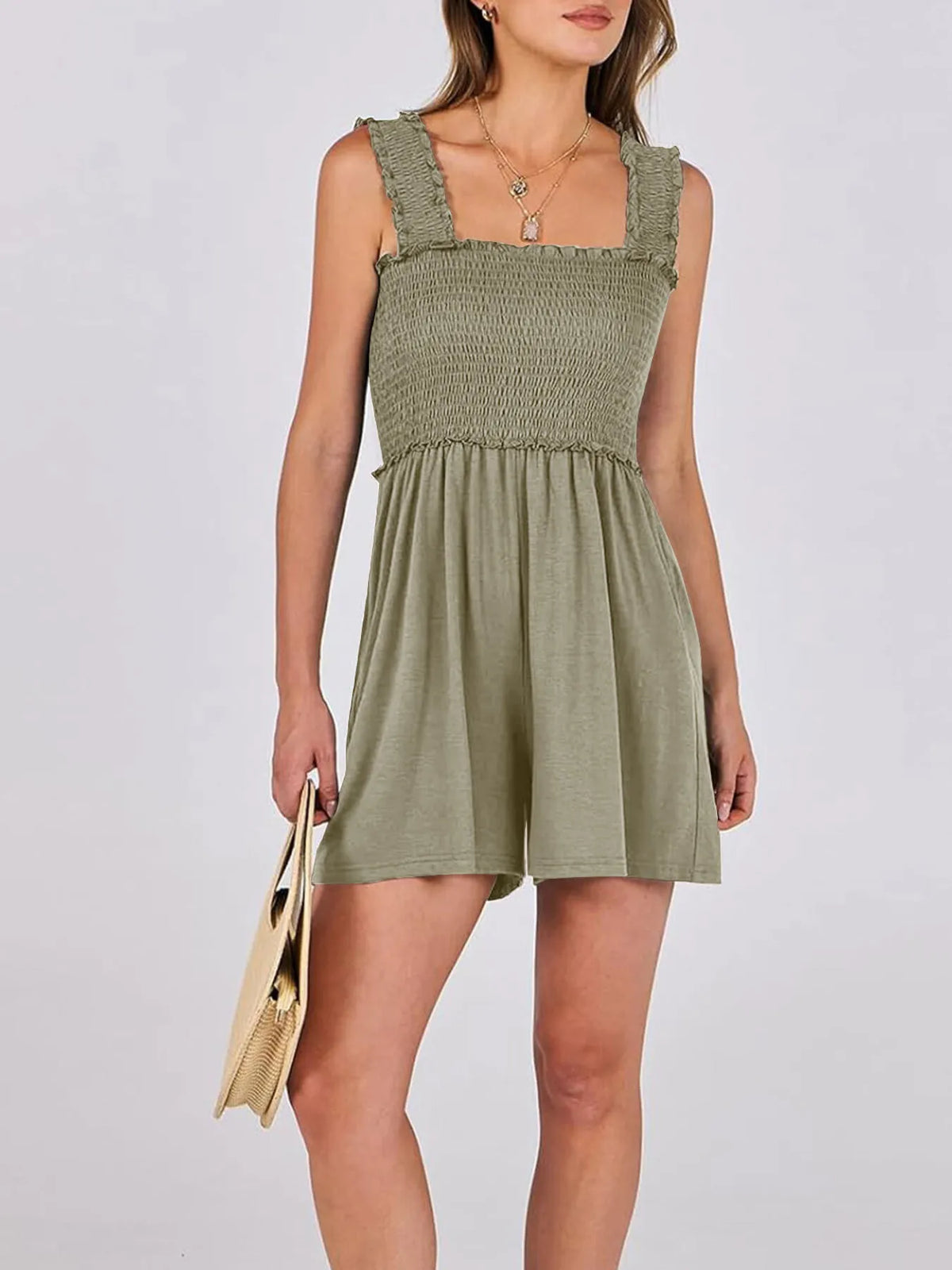 Smocked Square Neck Sleeveless Romper