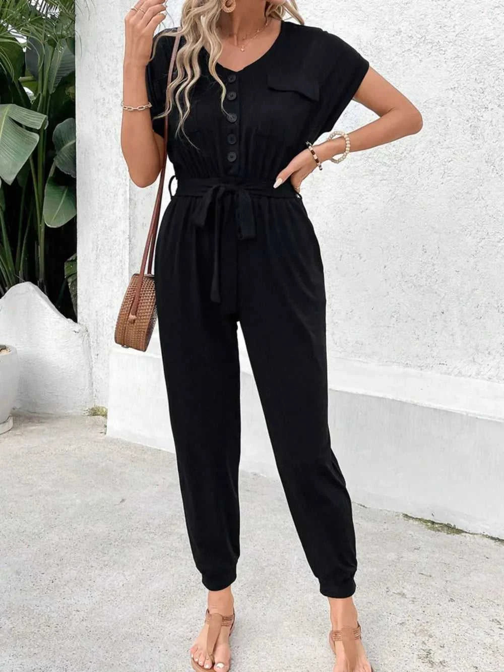 Perfee V-Neck Short Sleeve Jumpsuit 100100199501090 43 Affordable Fashion Under $100 Jerry's Apparel 