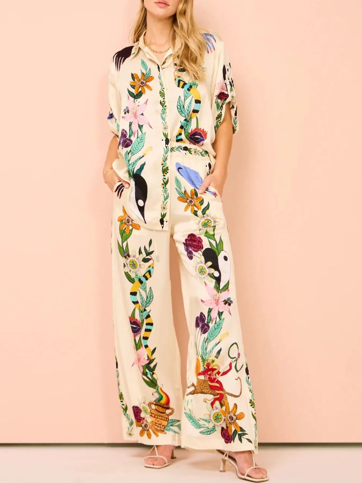 Printed Button Up Shirt and Pants Set