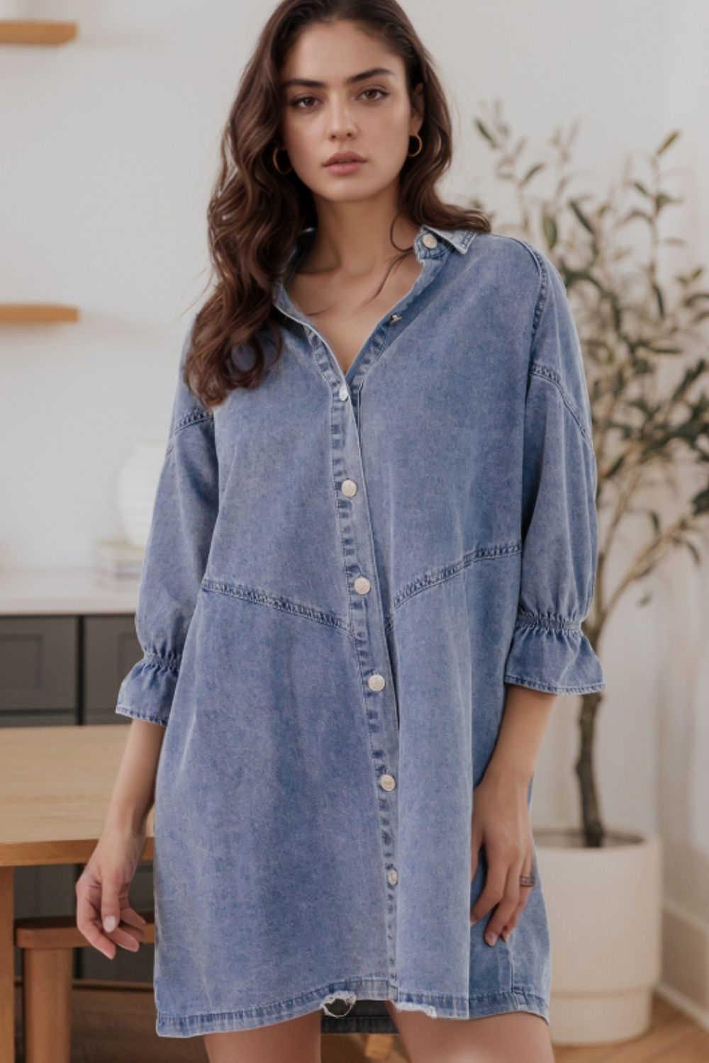 Distressed Collared Neck Flounce Sleeve Denim Dress