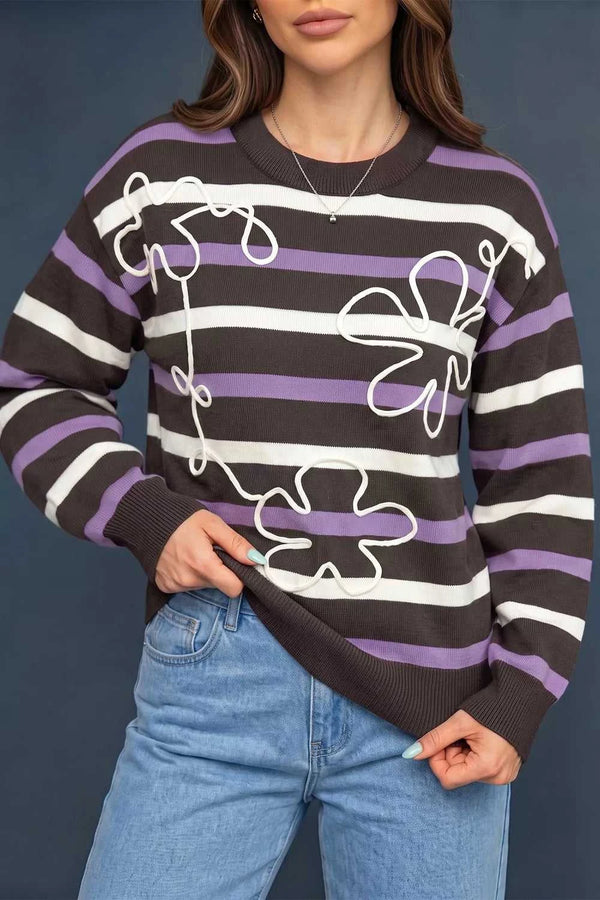 Stripe Embroidered Detail Drop Shoulder Sweater 101002226541726 55 Affordable Fashion Under $100 Jerry's Apparel 