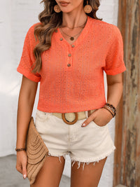 Eyelet V-Neck Short Sleeve Top