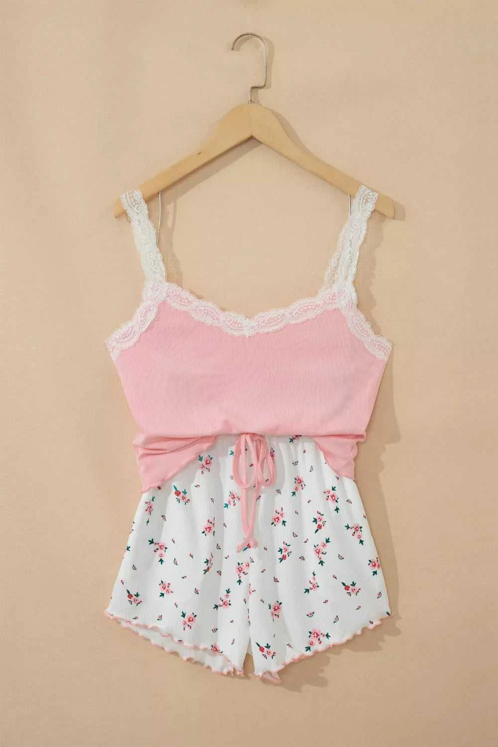 Ribbed Knit Lace Straps Patchwork Lettuce Hem Cropped Top Floral Short Lounge Set 100100950220644 33 Affordable Fashion Under $100 Jerry's Apparel 