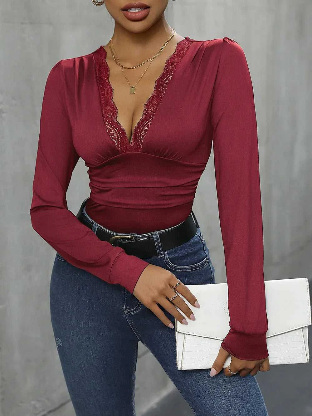 Perfee Lace Detail Plunge Long Sleeve Bodysuit 100100229596543 27 Affordable Fashion Under $100 Jerry's Apparel 