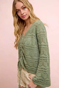 BiBi Pointelle Knit V Neck Ruched Front Lightweight Top 100100962711230 42 Affordable Fashion Under $100 Jerry's Apparel 