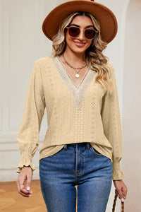 Eyelet V-Neck Flounce Sleeve T-Shirt