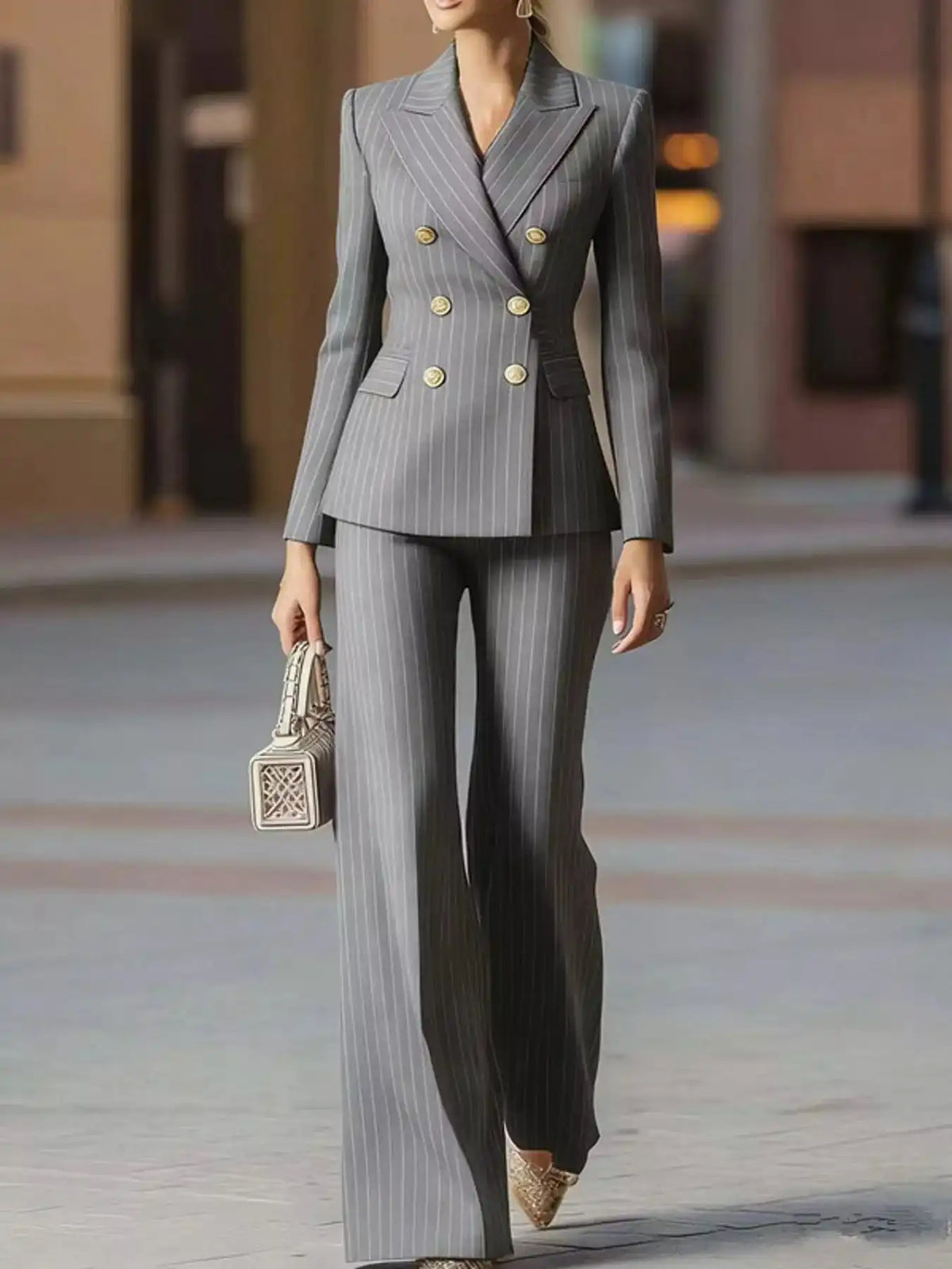 Double-Breasted Pinstripe Blazer and Wide-Leg Pants Set 101001905010997 103 Gifts for Her Jerry's Apparel 