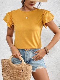 Ruffle Sleeve Round Neck T-Shirt