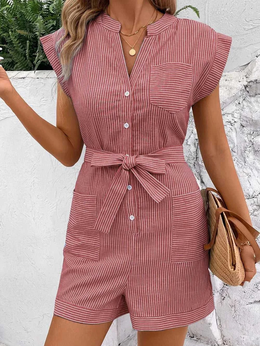 Perfee Striped Notched Tie Waist Romper 100100531531771 37 Affordable Fashion Under $100 Jerry's Apparel 