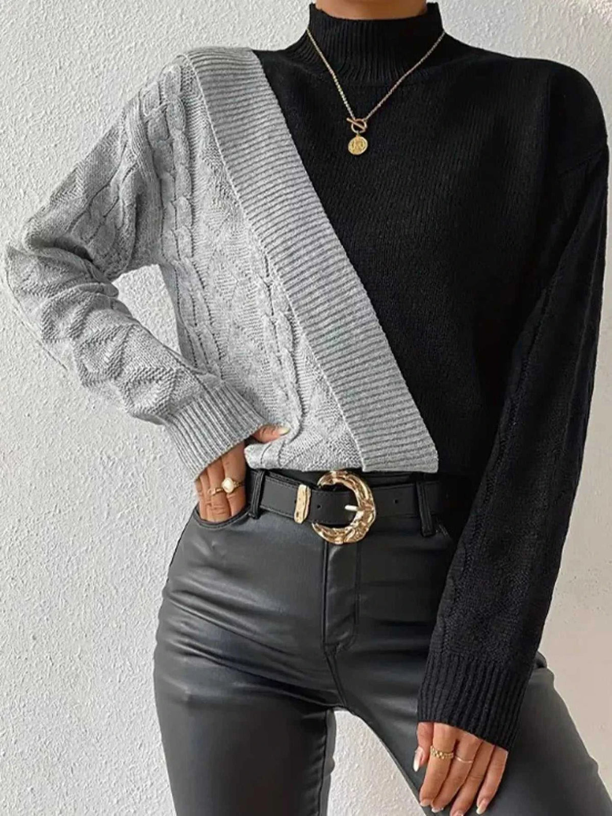 Color Block Cable Knit Mock Neck Sweater 101002950015213 40 Affordable Fashion Under $100 Jerry's Apparel 