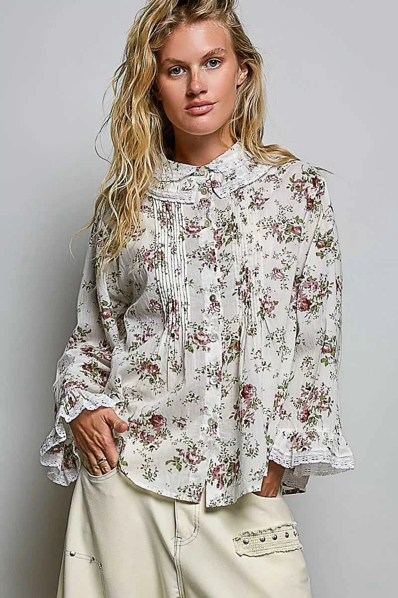POL Floral Lace Trim Pintuck Button-Down Shirt 100100011681976 66 Affordable Fashion Under $100 Jerry's Apparel 