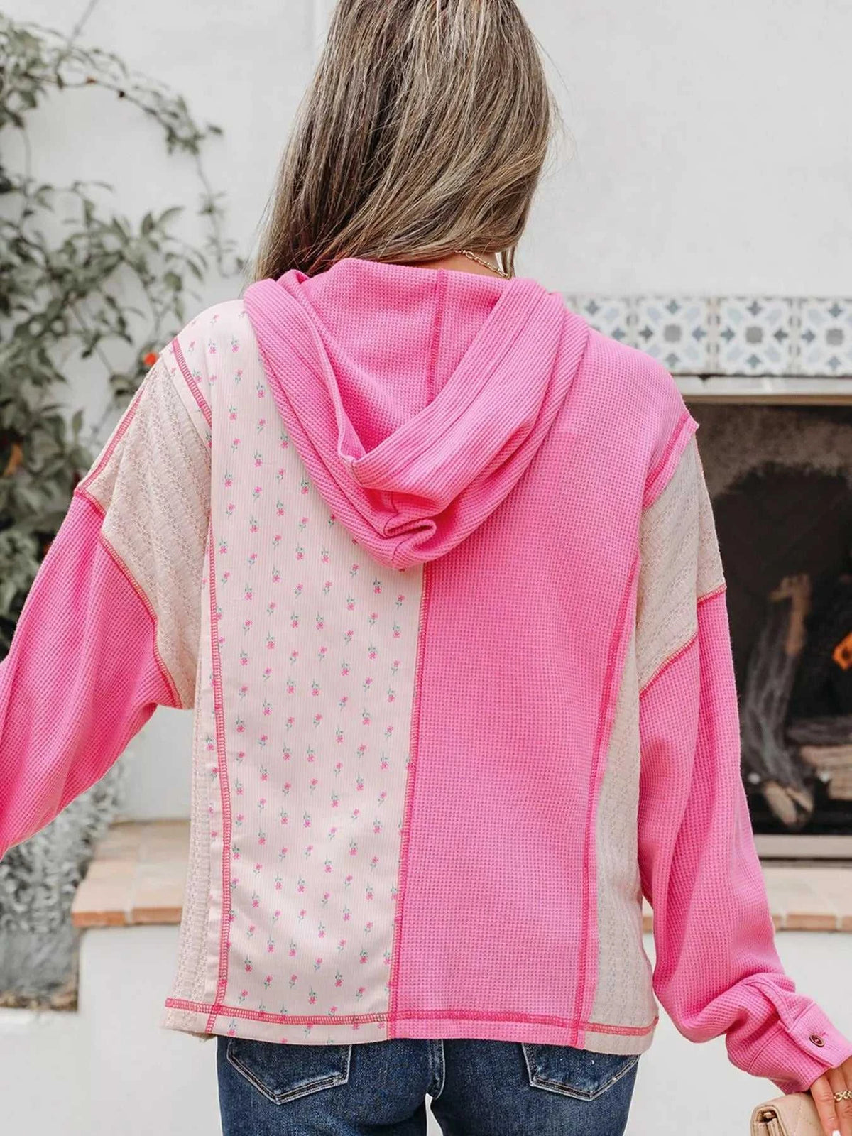 Mixed Texture Waffle Floral Patchwork Hooded Oversize Pullover 100100599360208 50 Affordable Fashion Under $100 Jerry's Apparel 