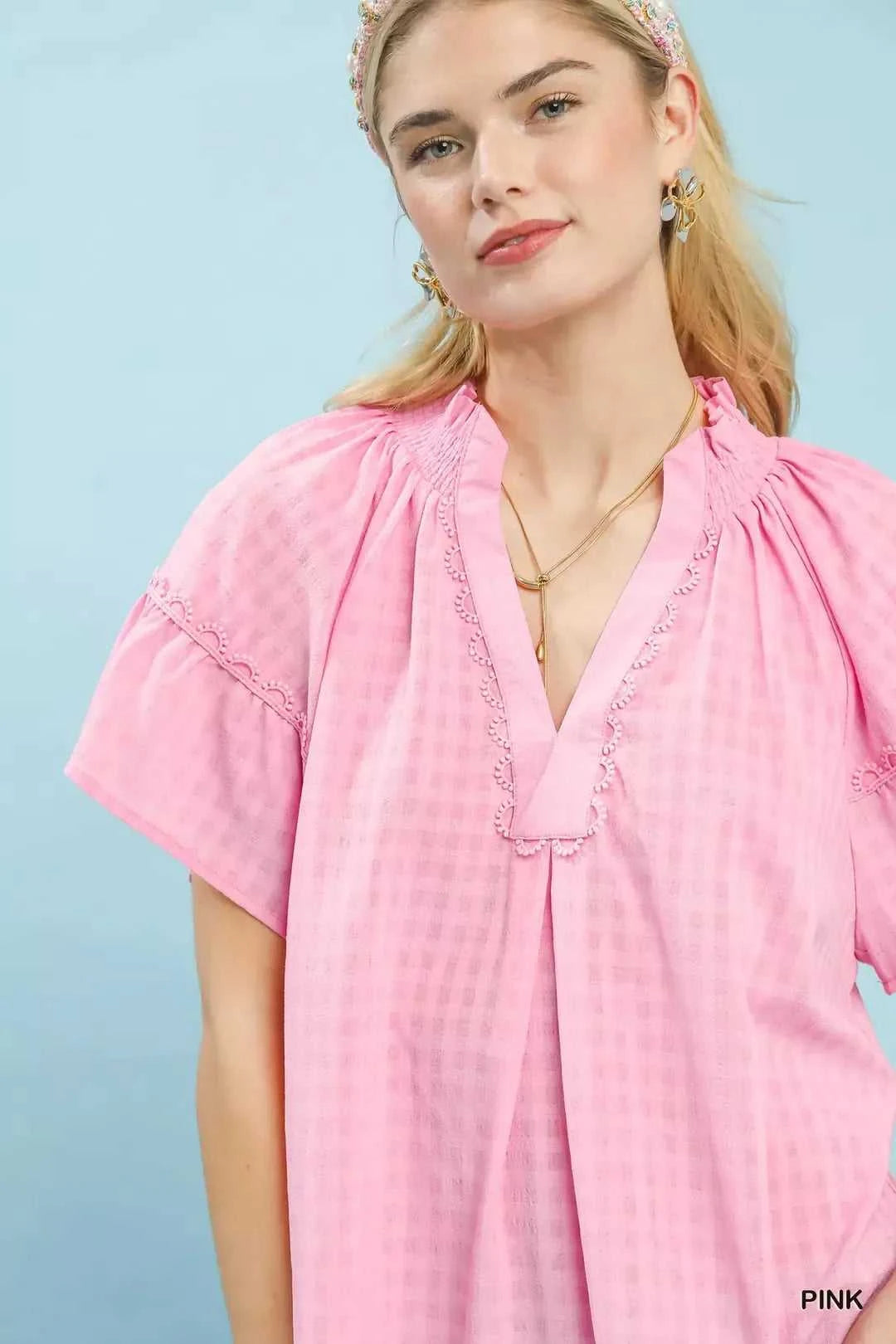 Umgee Gingham Puff Sleeve Top with Lace Trim 100100511921710 45 Affordable Fashion Under $100 Jerry's Apparel 