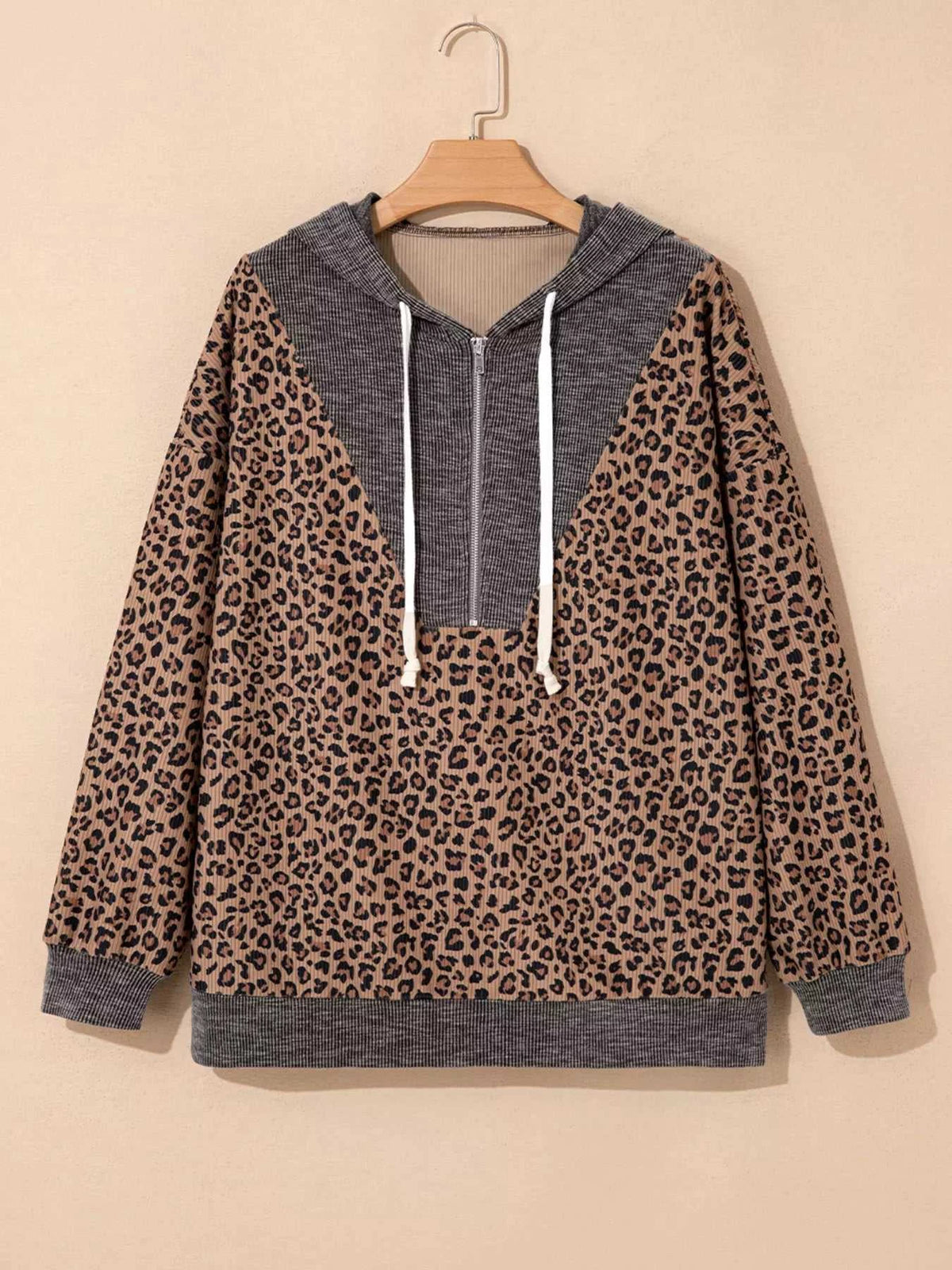 Ribbed Leopard Print Contrast Collar Zip Hoodie 100100044377034 47 Affordable Fashion Under $100 Jerry's Apparel 