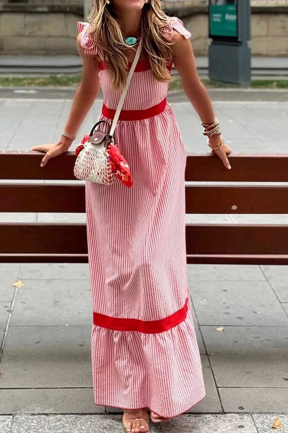 Stripe Bow Knot Straps Contrast Trim High Waist Ruffle Hem Maxi Dress 100100480806039 52 Gifts for Her Jerry's Apparel 