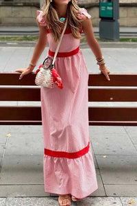 Stripe Bow Knot Straps Contrast Trim High Waist Ruffle Hem Maxi Dress 100100480806039 52 Gifts for Her Jerry's Apparel 