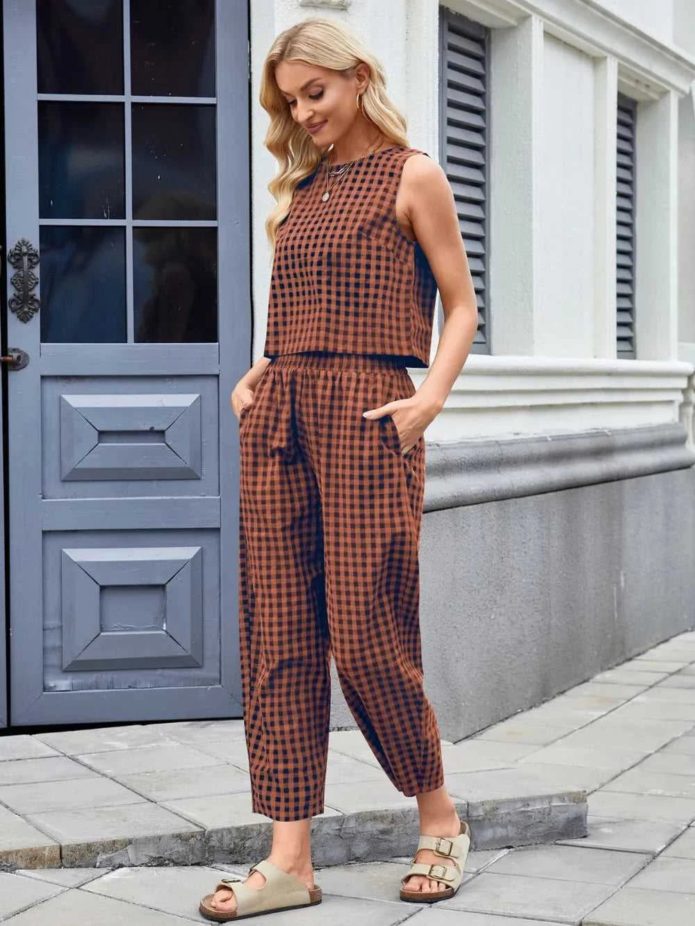 Plaid Sleeveless Top and Pants Set 100100045523661 39 Affordable Fashion Under $100 Jerry's Apparel 
