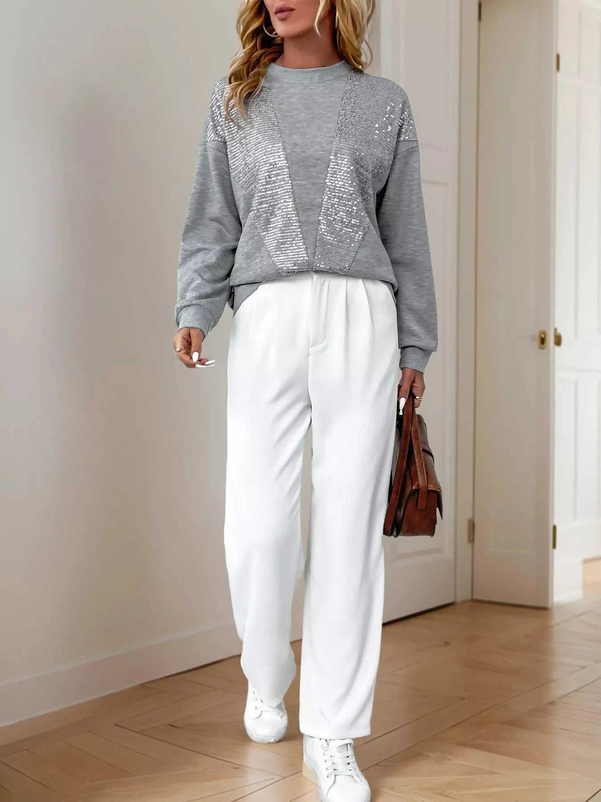 Sequin Round Neck Dropped Shoulder Sweatshirt 100100512268059 32 Affordable Fashion Under $100 Jerry's Apparel 