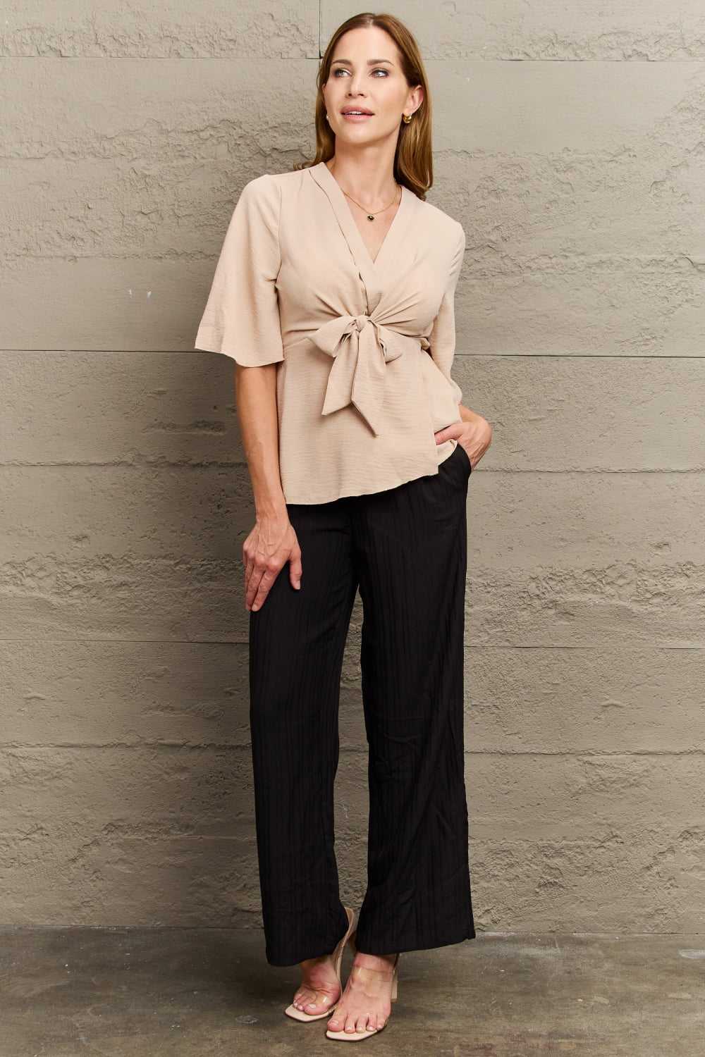 Perfee V-Neck Tie Front Half Sleeve Blouse 100101458376976 29 Affordable Fashion Under $100 Jerry's Apparel 