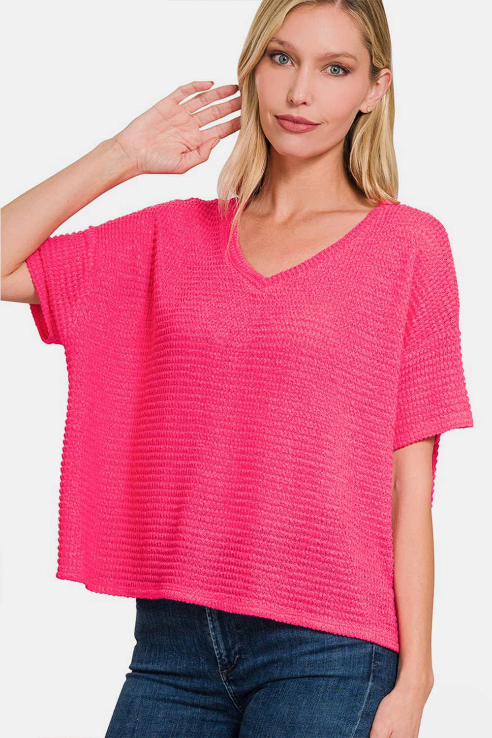 Drop Shoulder Short Sleeve Jacquard Knit Top