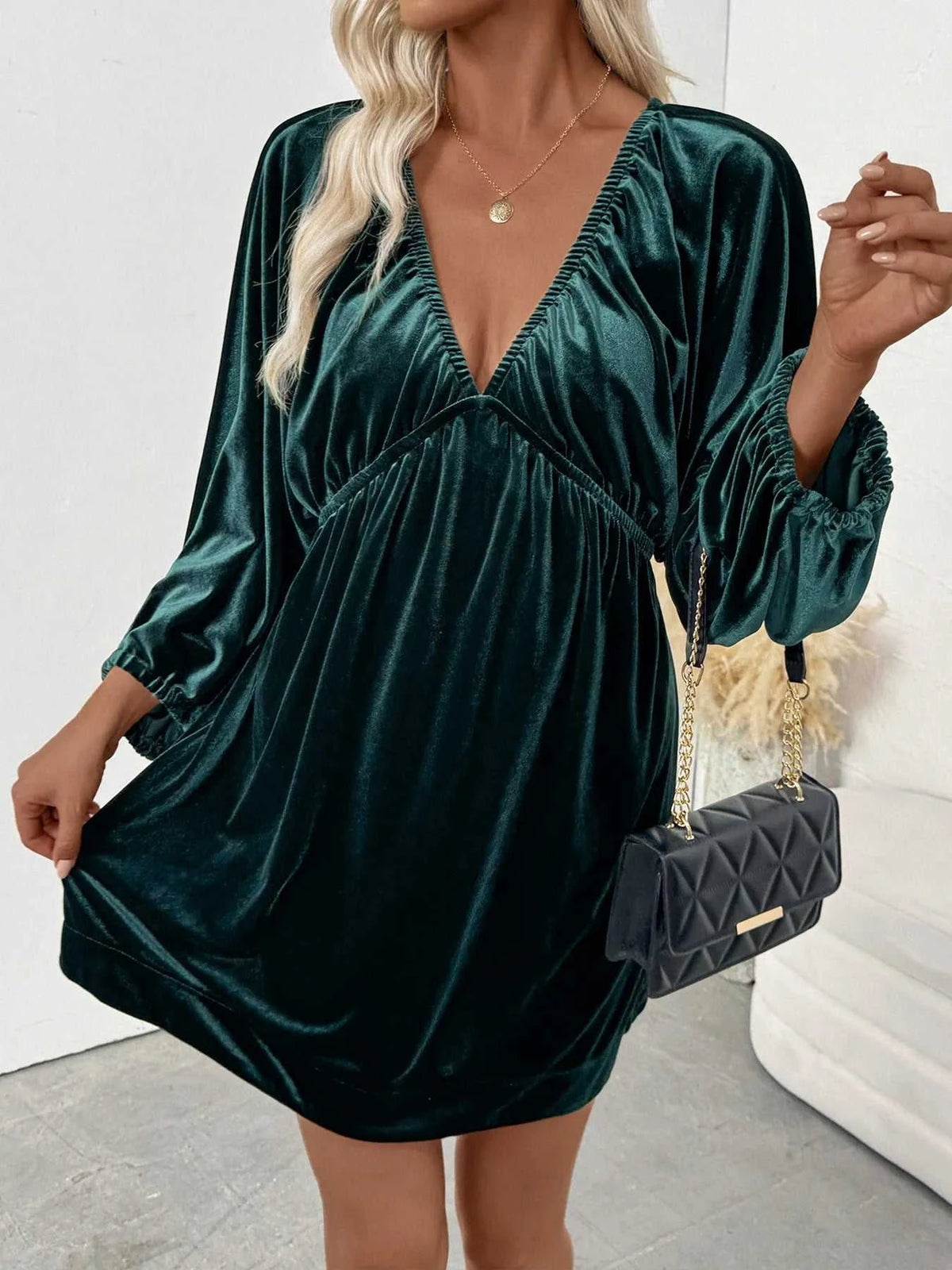 Ruched V-Neck Balloon Sleeve Dress 100100977231400 48 Affordable Fashion Under $100 Jerry's Apparel 